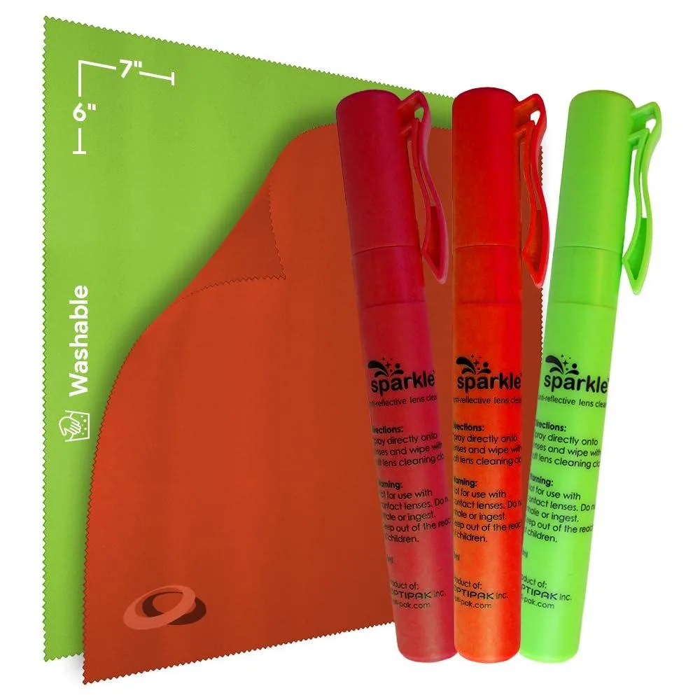 Three maroon green orange pen spray bottles and two matching microfiber cloths