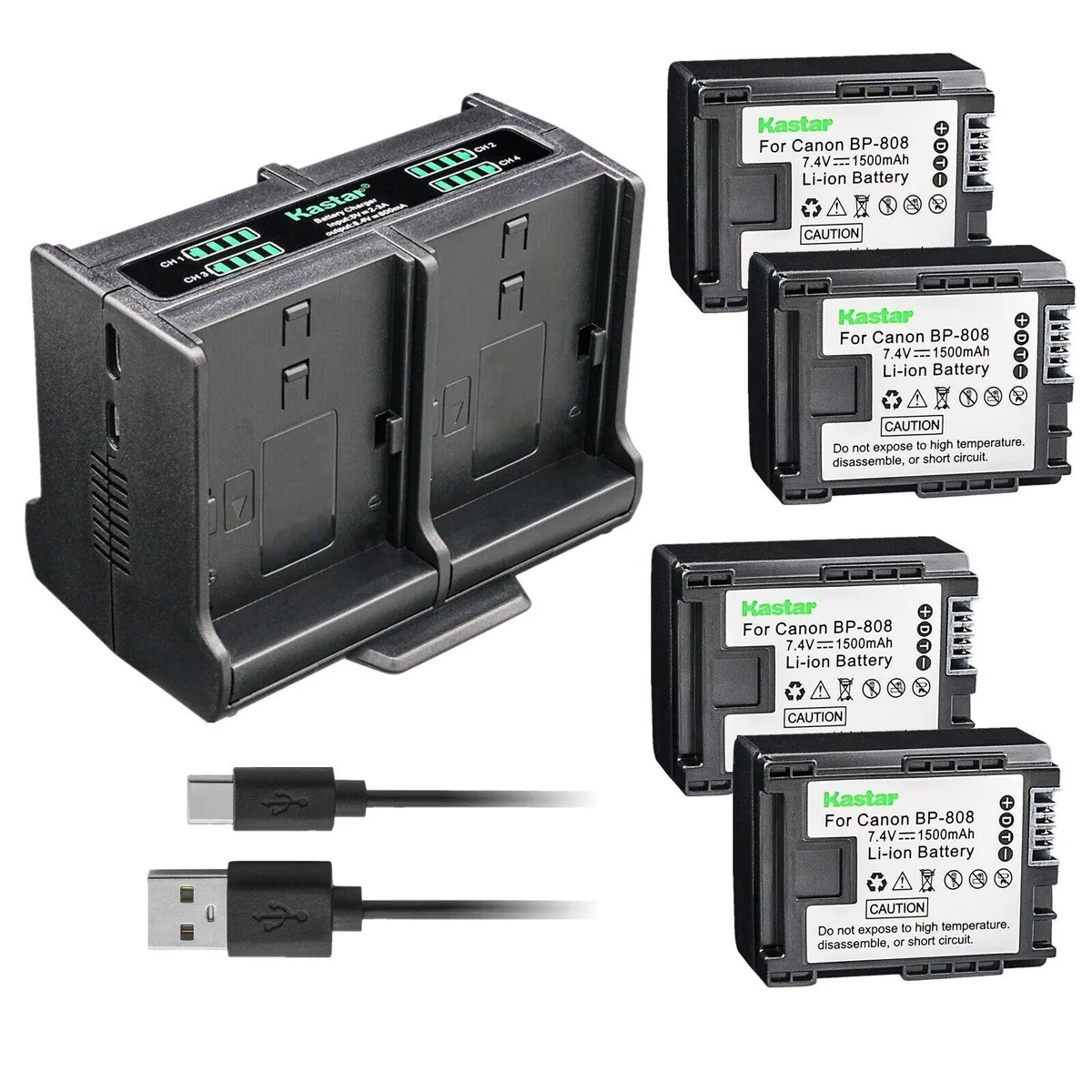 Kastar Kastar BP-808 4-pack Li-Ion 1500 mAh 11.1 Wh + quad USB charger — product photo