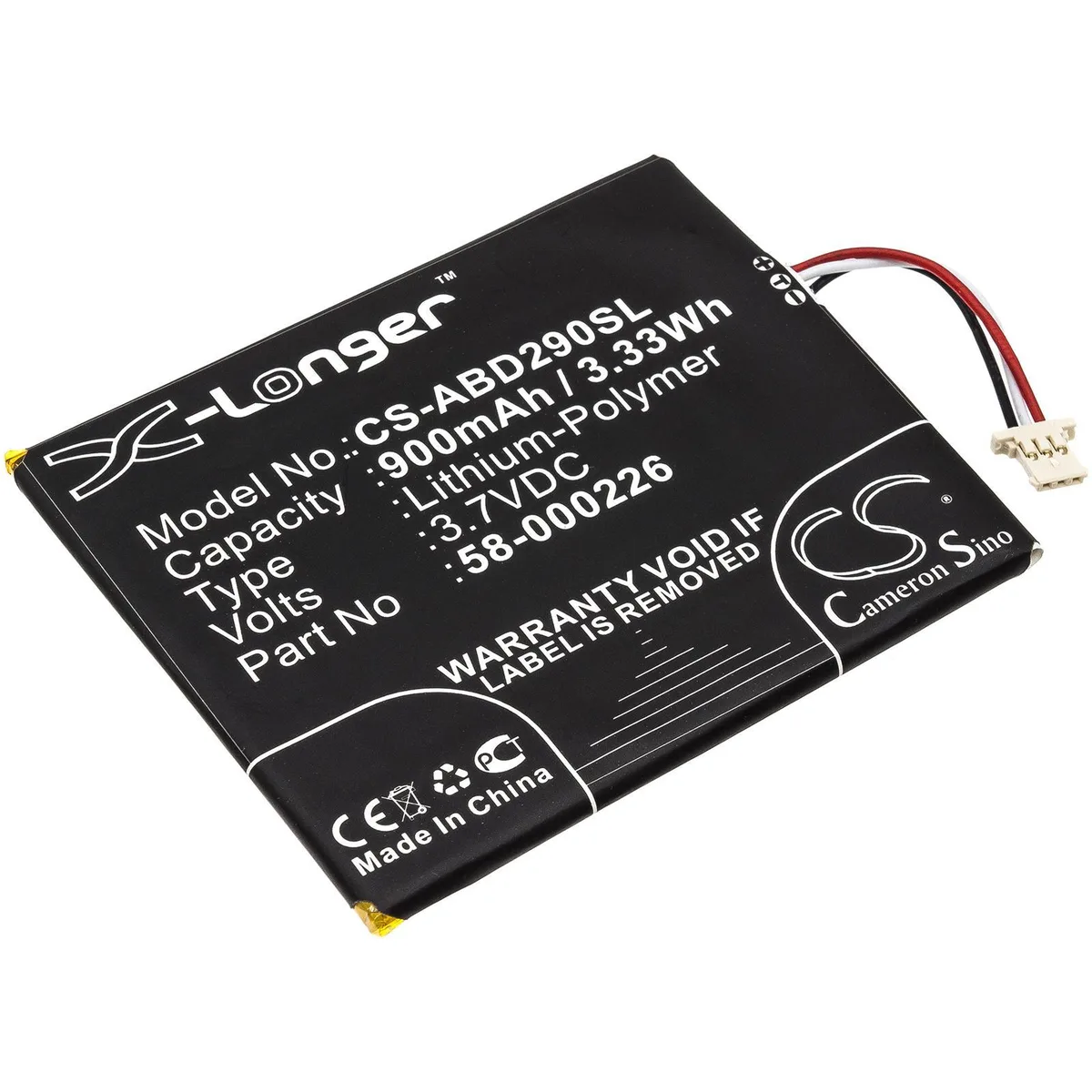 Rectangular lithium-ion battery pack with flat black finish and connector ribbon
