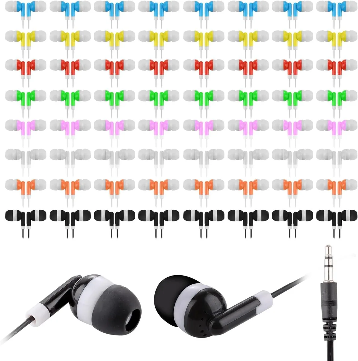 Fifty small wired earbuds in assorted bright colours with 3.5 mm plugs