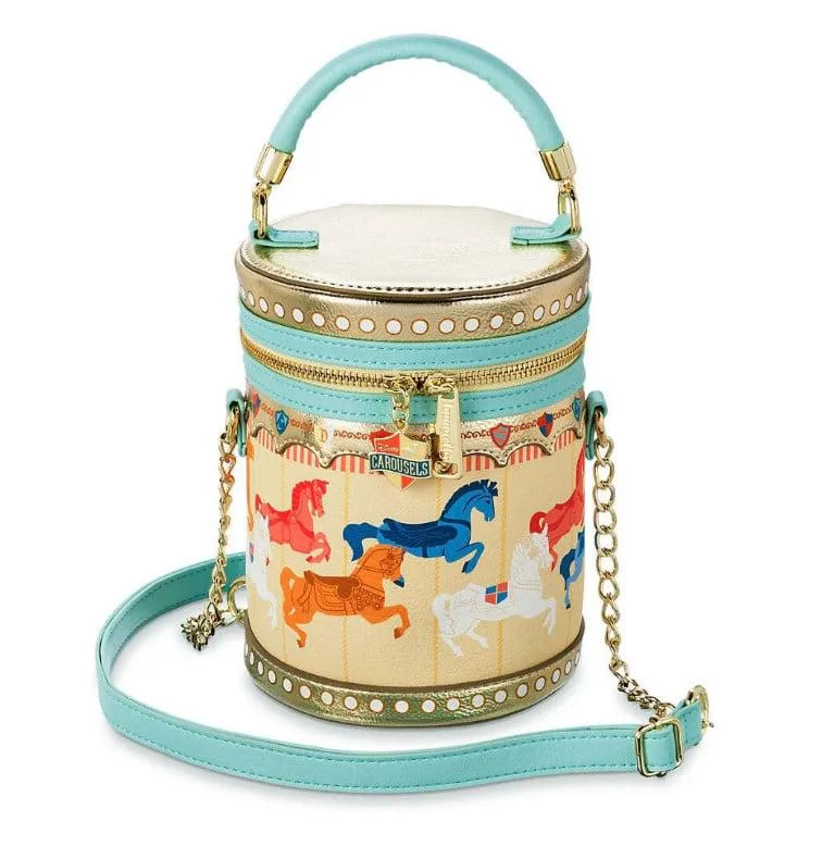 Teal round crossbody bag with carousel horse design and chain strap