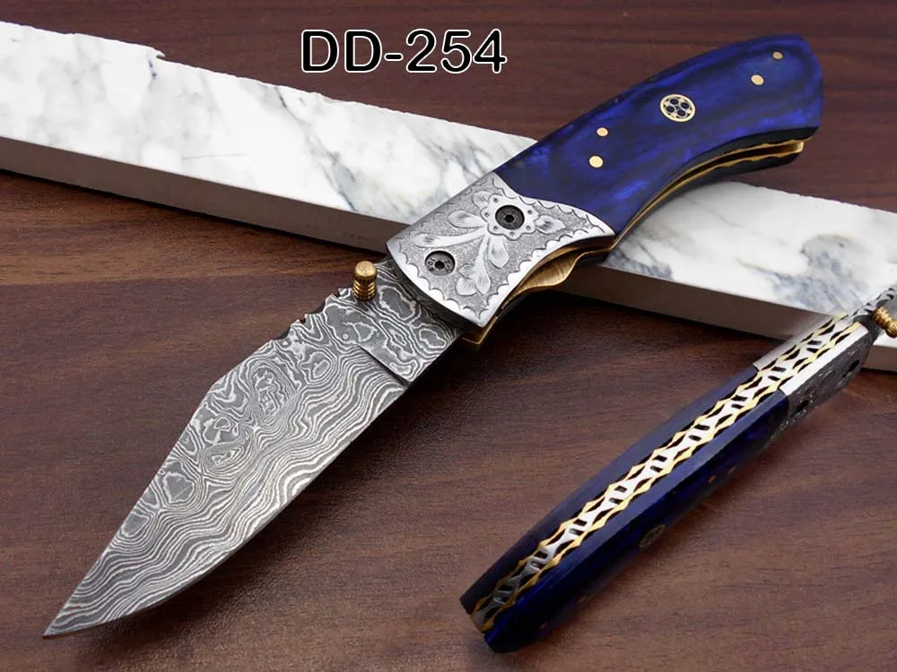 Damascus Depot Damascus Depot Folding Knife 3.7" Blade Camel Bone Handle 8.25" Overall — product photo