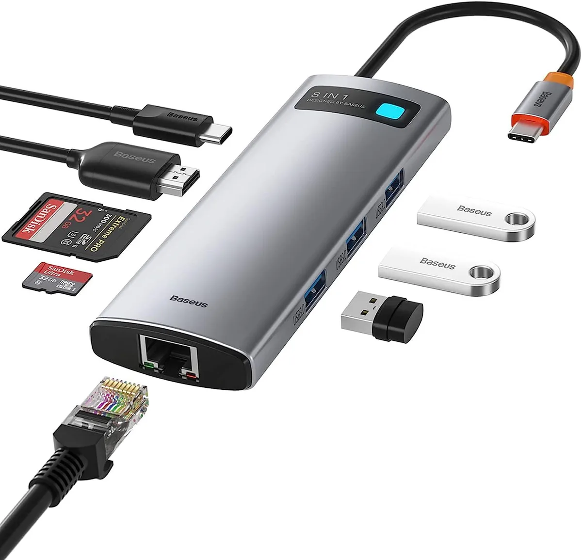 BASEUS BASEUS 8-in-1 USB-C Docking Station 4K HDMI 3×USB 3.0 Gigabit Ethernet 100W PD Gray — product photo