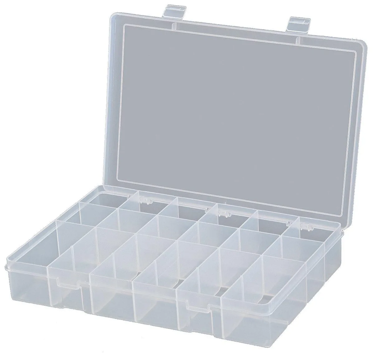 Clear plastic compartment box with 18 sections and snap closure