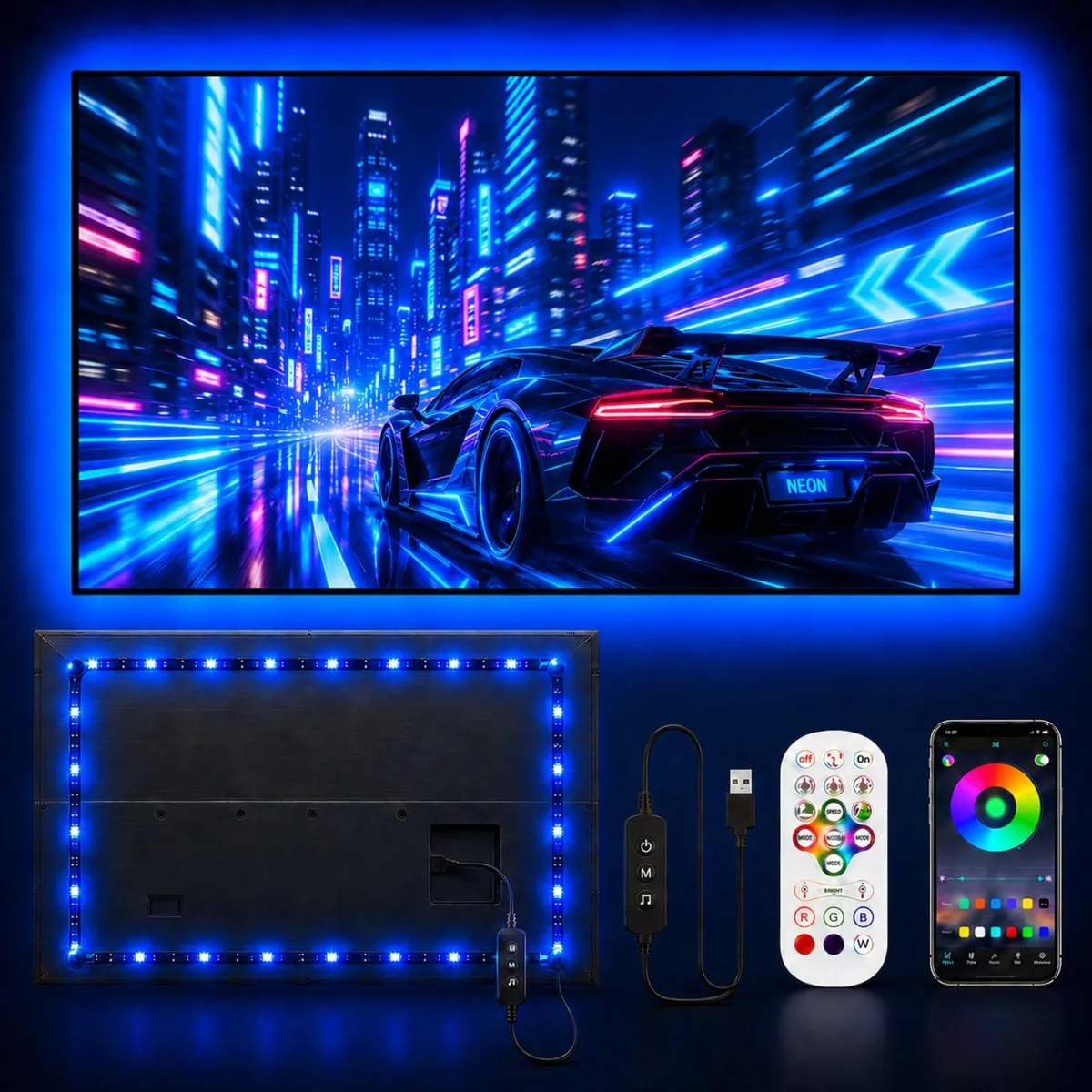 Flexible orange LED strip on a reel, 9.84ft long with 90 lights, USB plug and inline controller