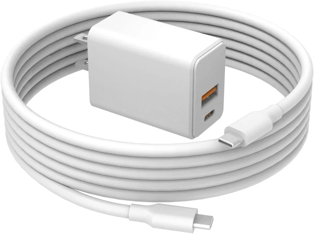 White compact wall charger with attached six-foot thick USB-C cable