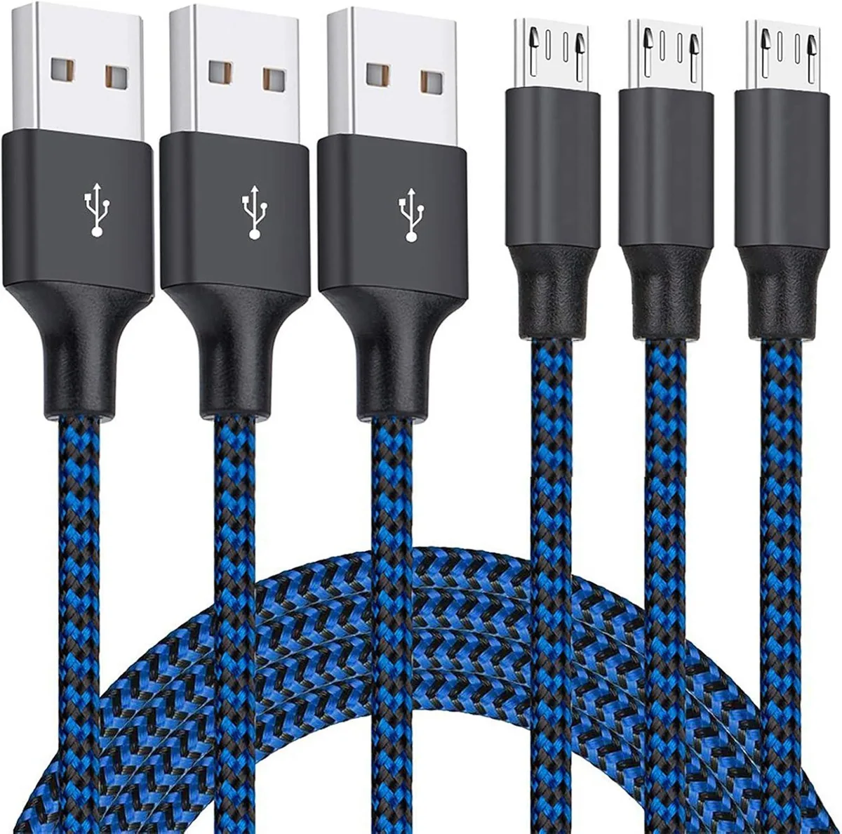 Three 10ft micro USB cables with braided nylon finish