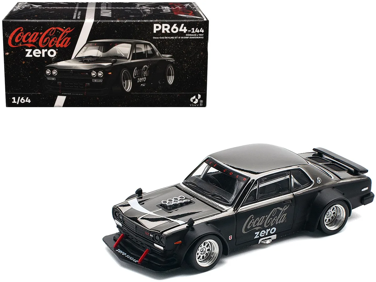 Pop Race Pop Race Skyline GT-R V8 Drift Hakosuka RHD Coke Zero Dark Chrome Black 1/64 Diecast Hobby Collectible — product photo