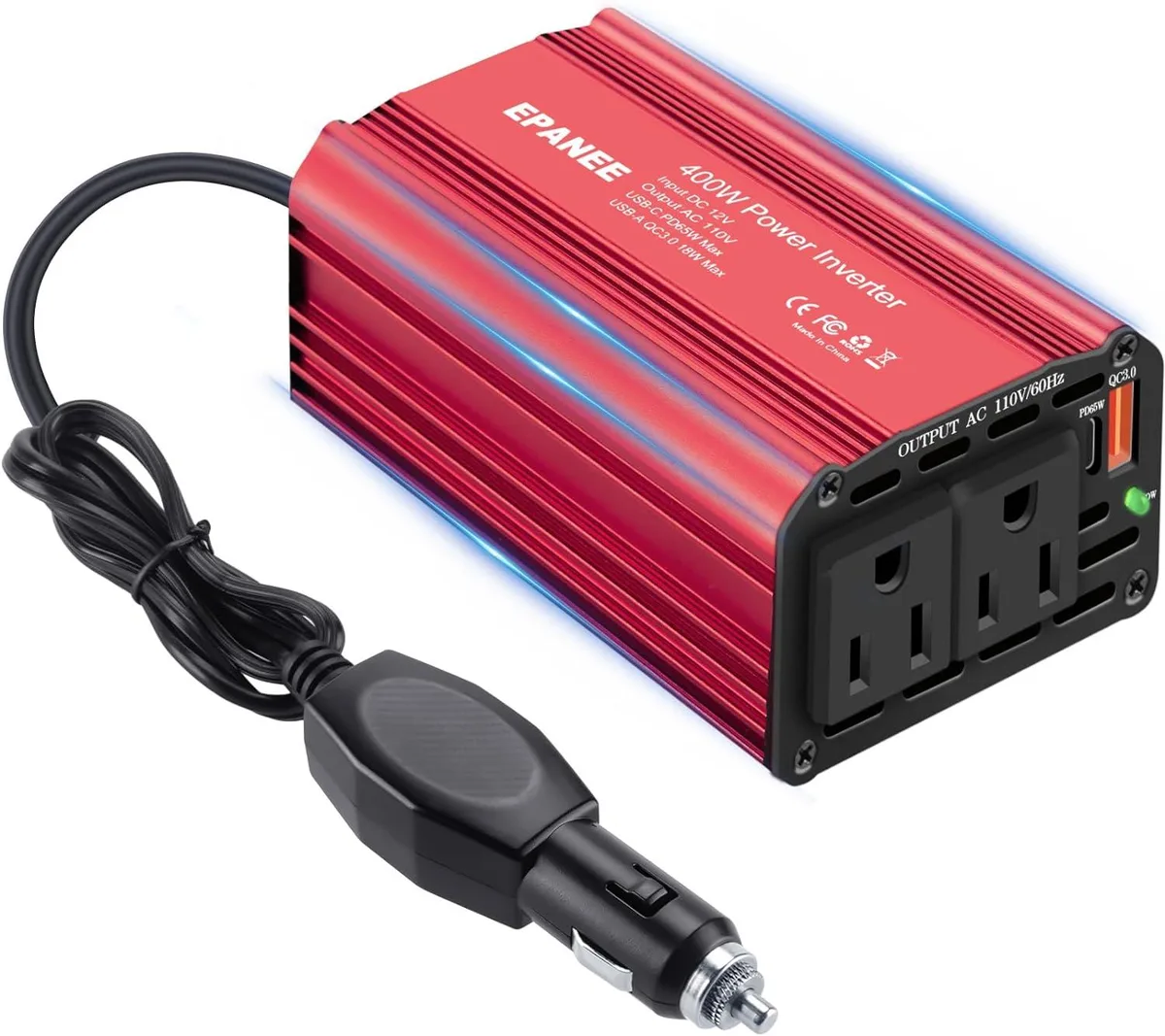 BFKK BFKK 400W Power Inverter 12V to 110V AC PD 65W USB-C QC 18W USB-A RED — product photo