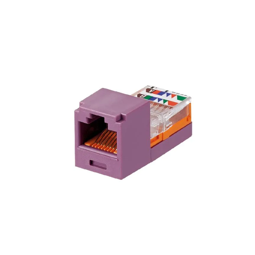 Violet RJ45 keystone jack module, compact rectangular shape, glossy ABS plastic finish