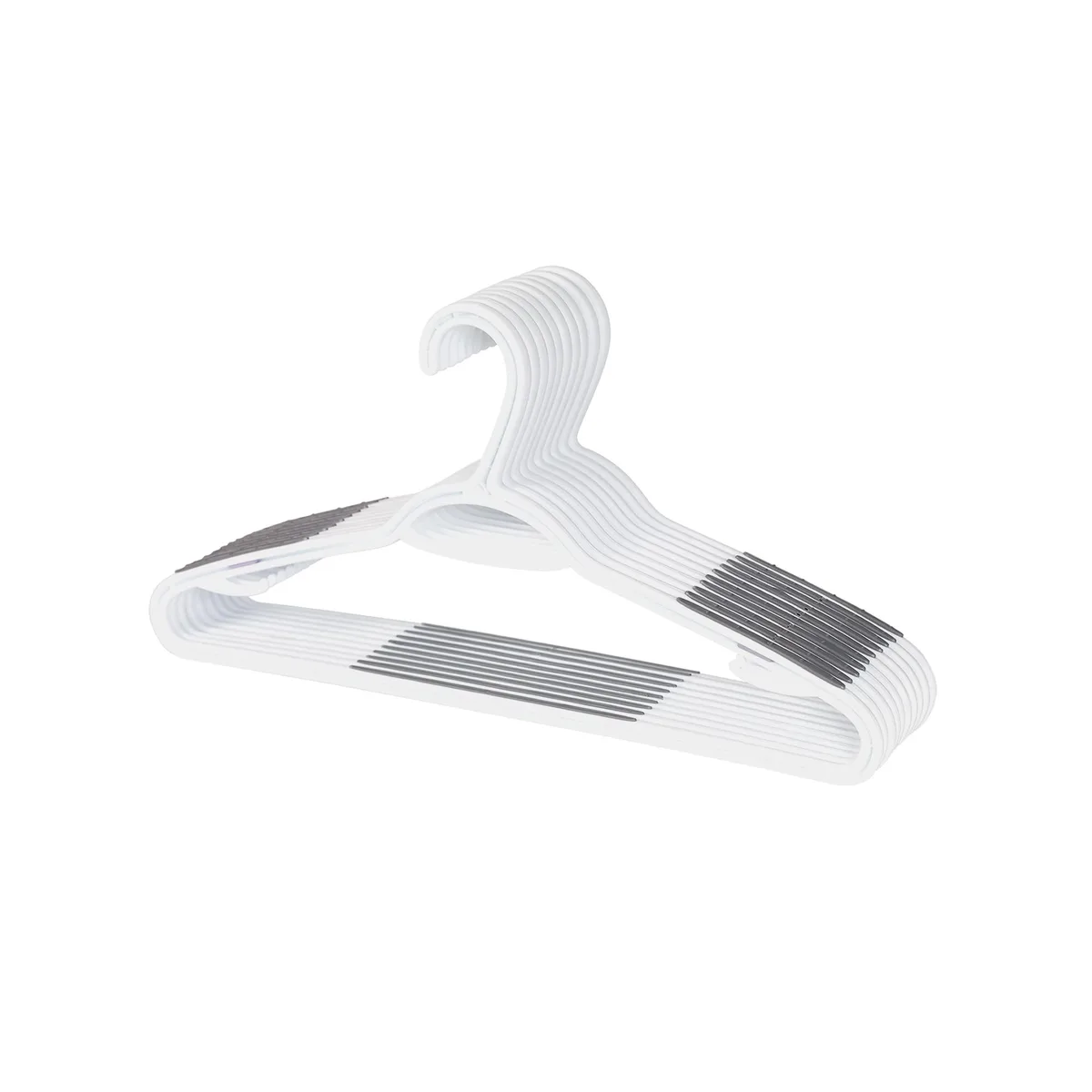 Ten slim white plastic hangers with W-shaped frames, non-slip shoulders and pants bars