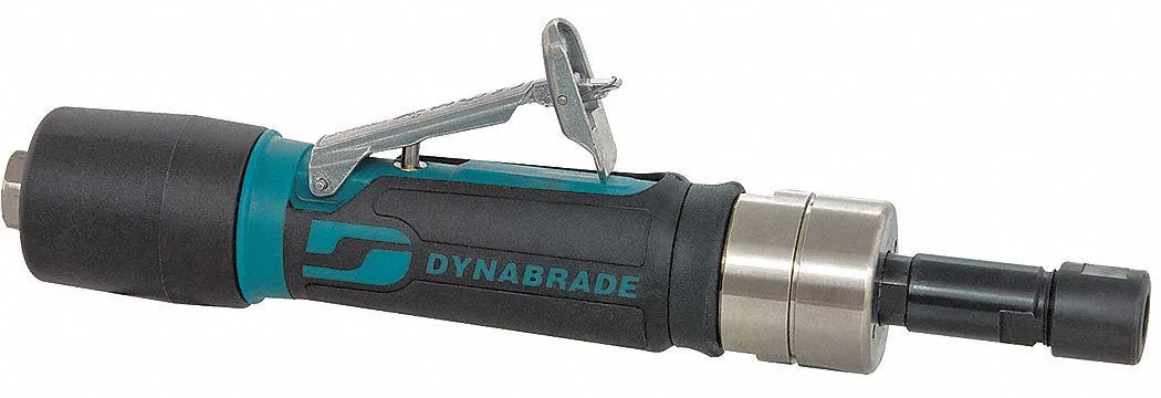 Black straight die grinder with safety-lock throttle lever and two collet inserts
