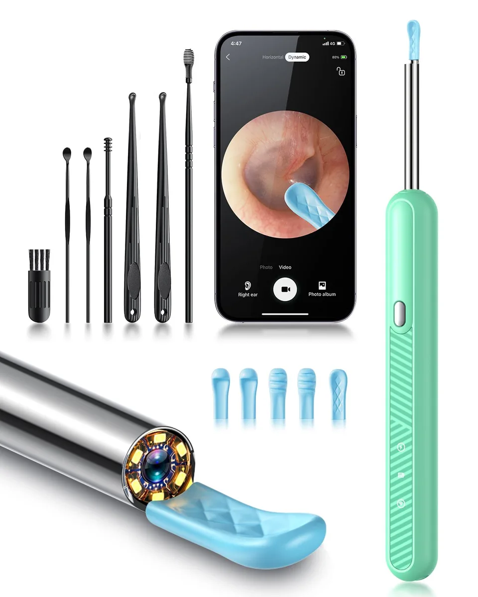Green ear-care camera with six silicone tips and USB-C cable