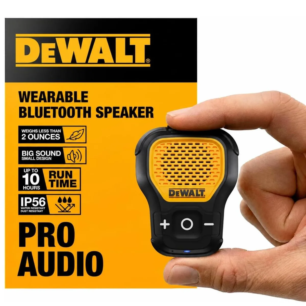  DEWALT Wearable Bluetooth Speaker Yellow IP56 3.5in 1.38oz — product photo