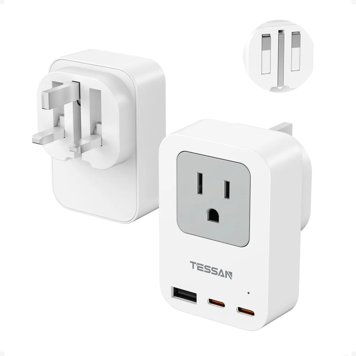  TESSAN TS-TA08USUK Type G Power Adapter 20W 2 Pack 3 USB Ports (2 USB-C) White Grey — product photo