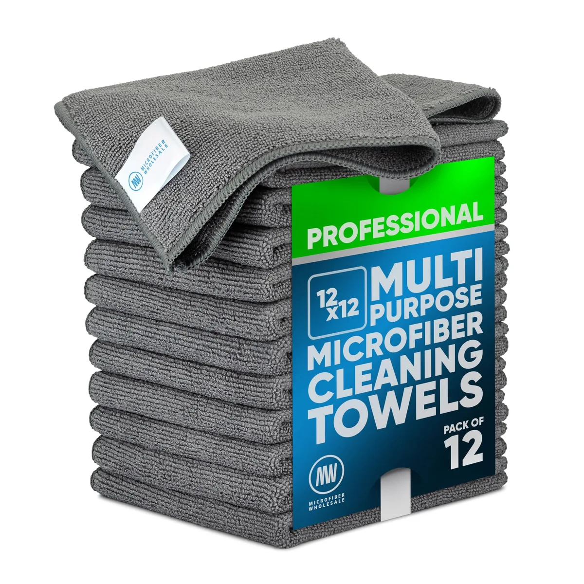 Twelve grey microfiber cloths in a bag