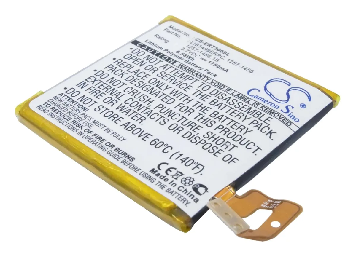 Rectangular lithium-ion phone battery, black plastic casing with printed labels