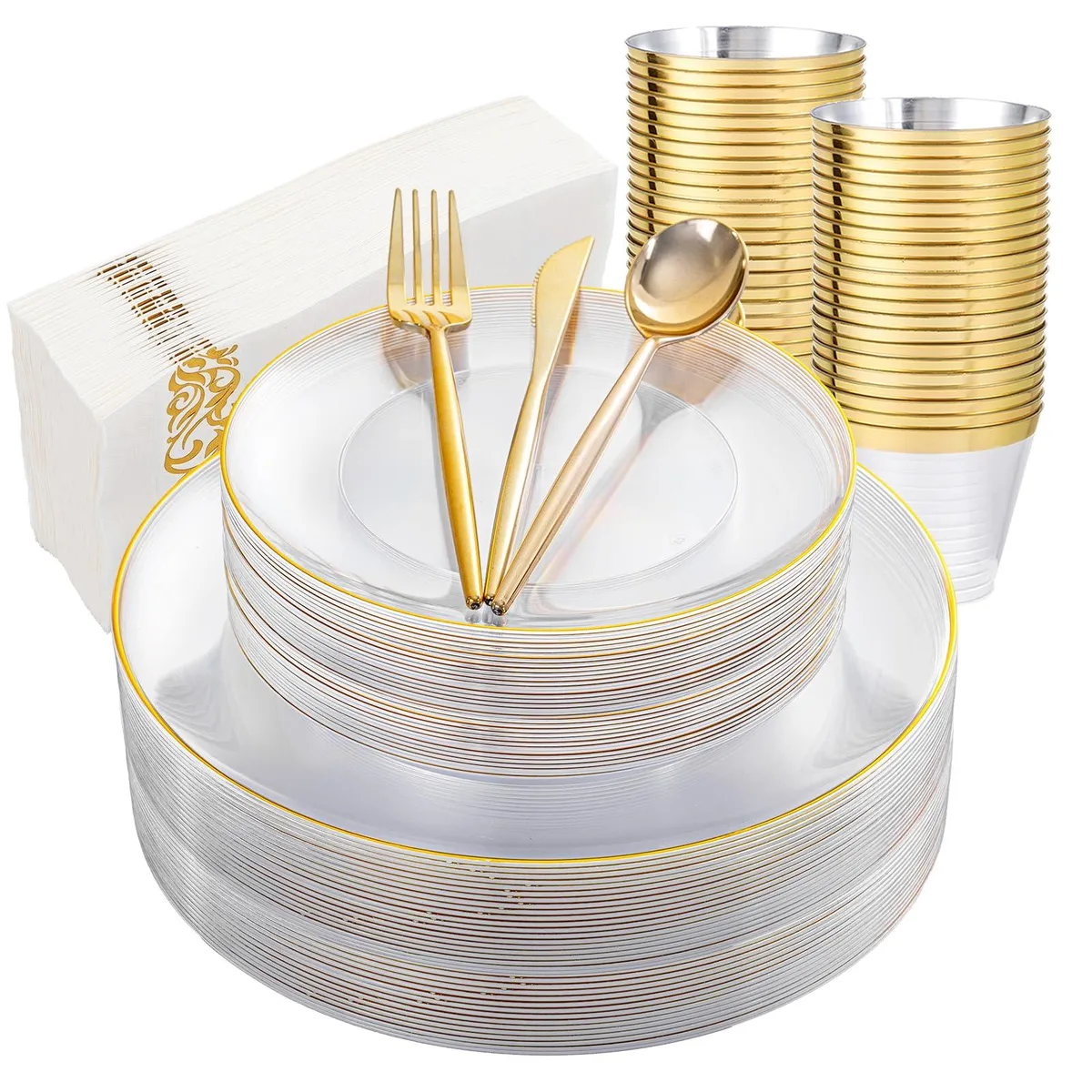 Clear and gold disposable dinnerware set for 30 guests in box