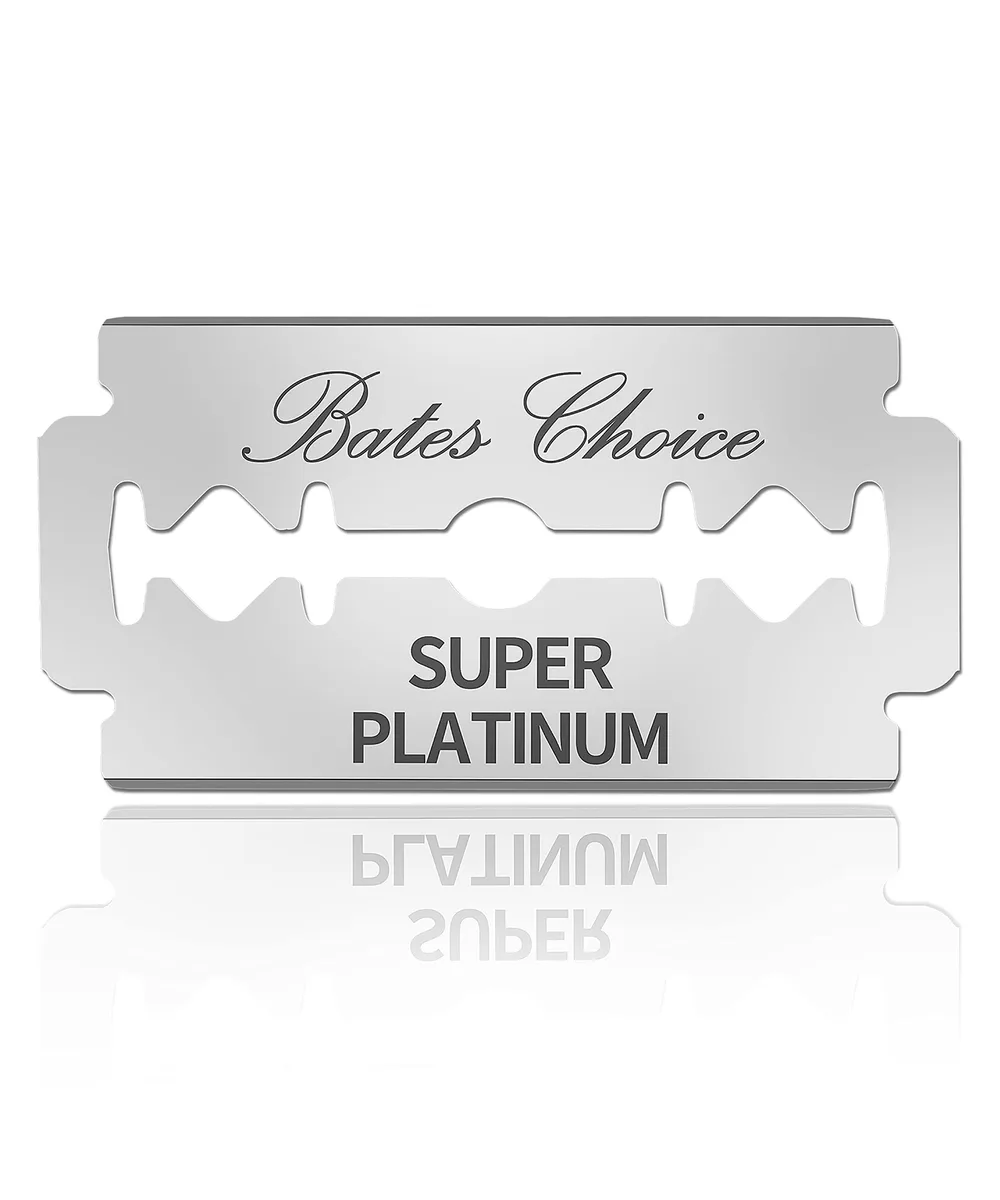 Small cardboard box containing 40 individually wrapped platinum-coated stainless steel double-edge razor blades