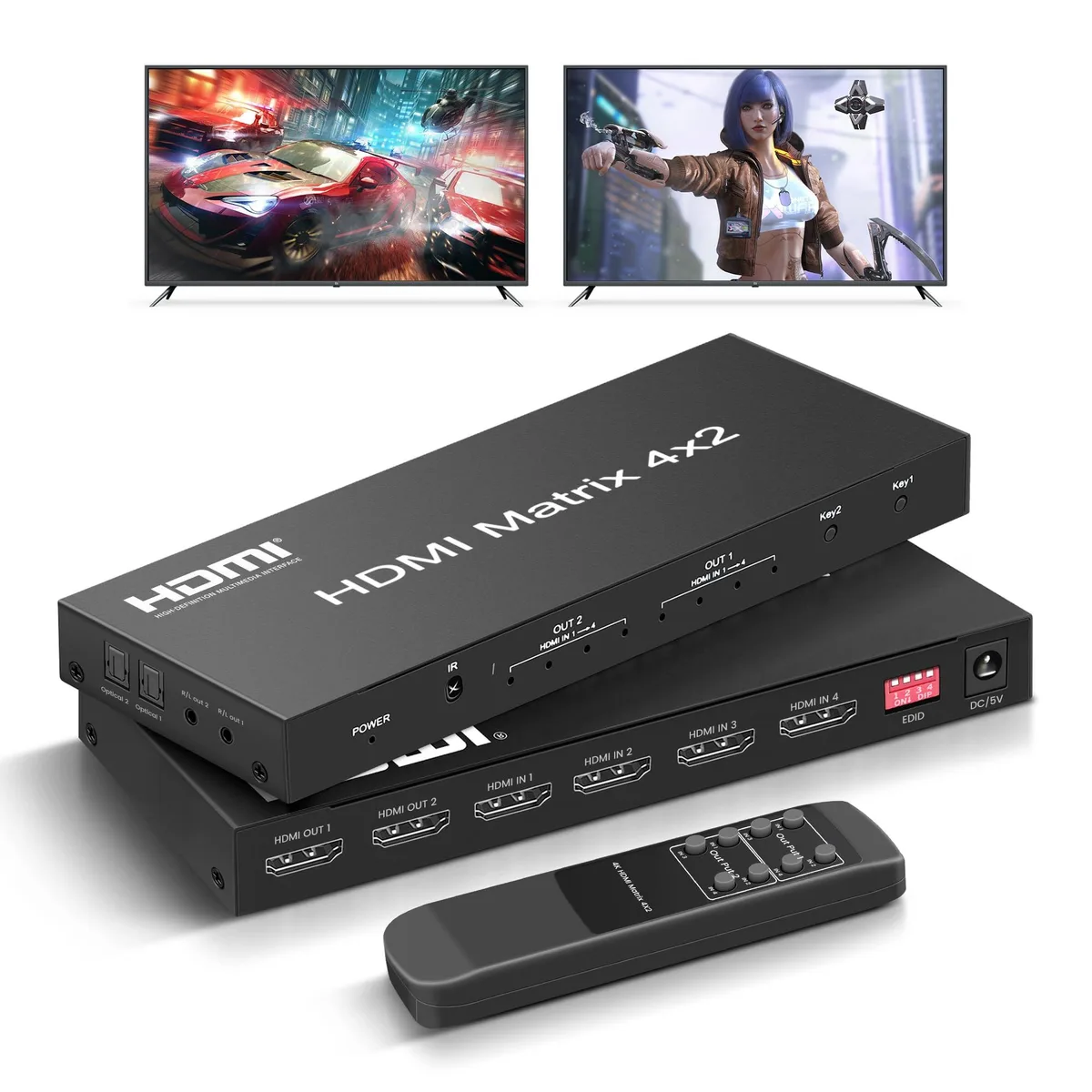 Black rectangular HDMI matrix switch with multiple ports and IR sensor