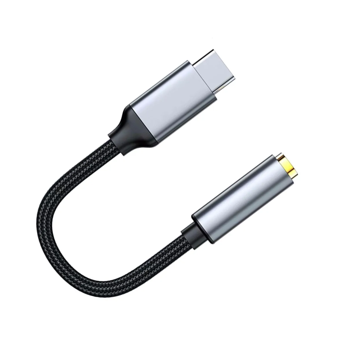 Black USB-C to 3.5 mm audio adapter cable, short straight form