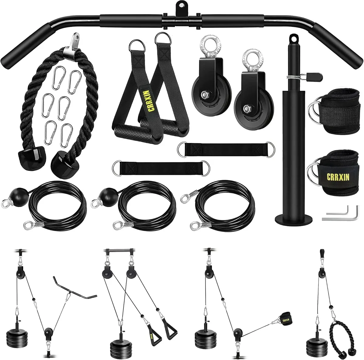 Black metal pulley unit with two wheels, three cables, detachable loading pin and two ankle straps