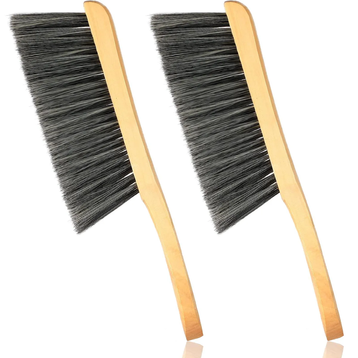 Two grey wooden bench brushes with natural fibre bristles and long oiled handles