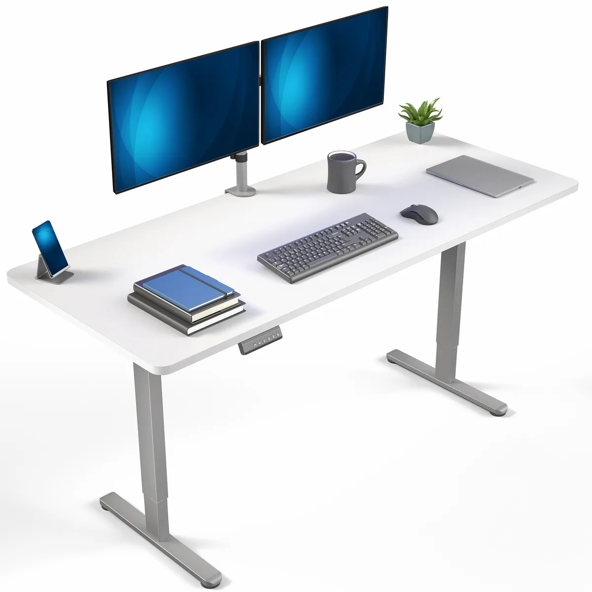 White rectangular tabletop on gray steel legs with push-button controller