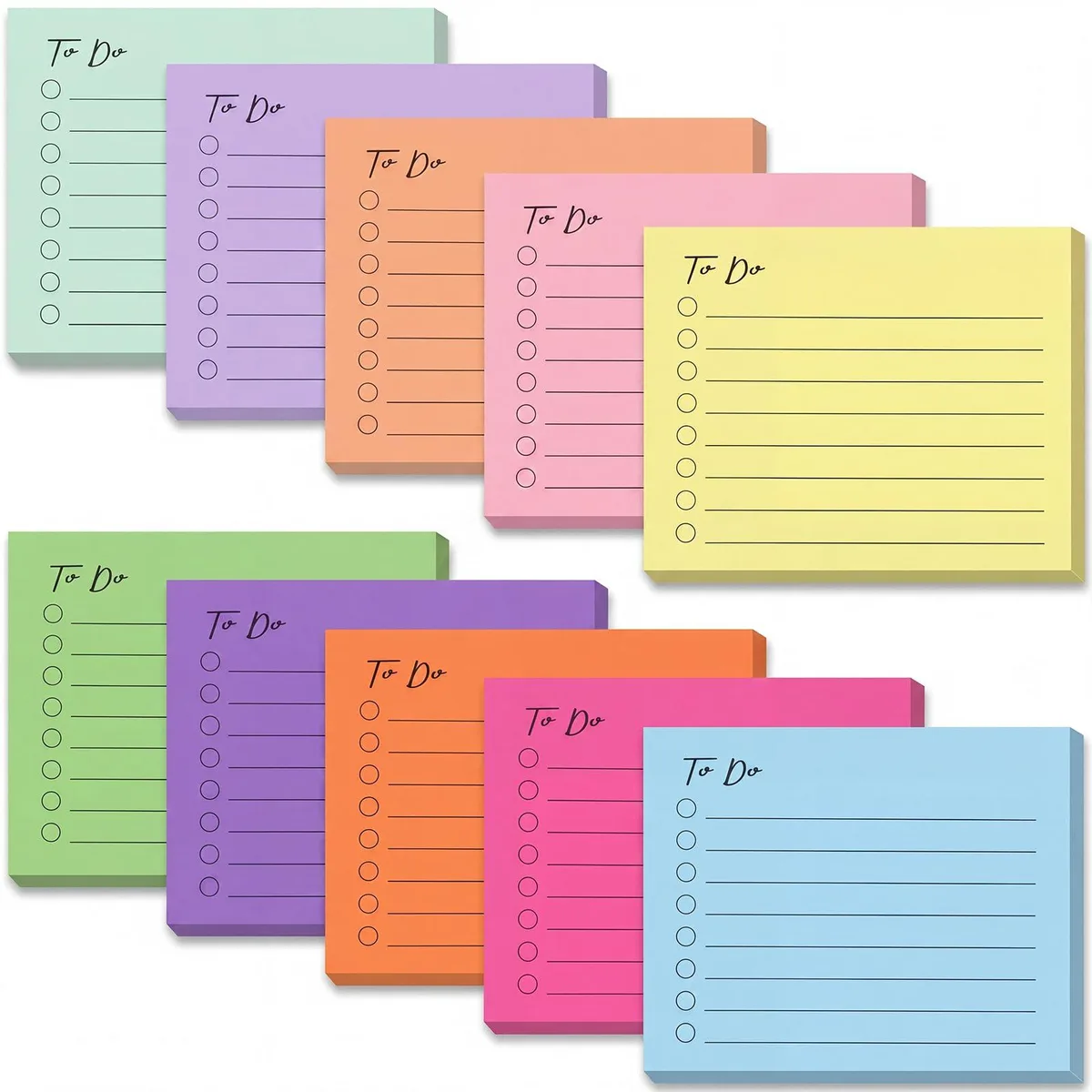 Ten rectangular pads of lined sticky notes in assorted bright colours, 3 by 4 inches, 50 sheets each