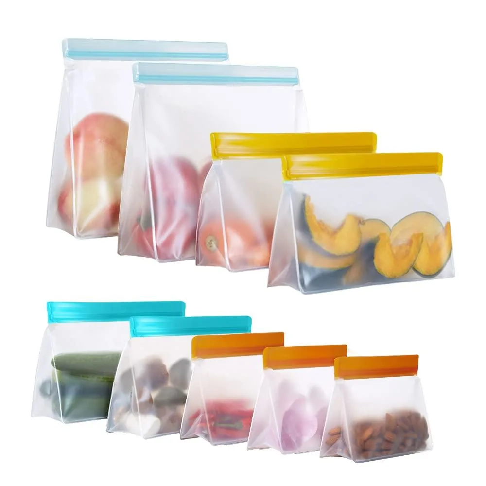 Nine beige PEVA food storage bags with zipper closures, stand-up design, assorted sizes