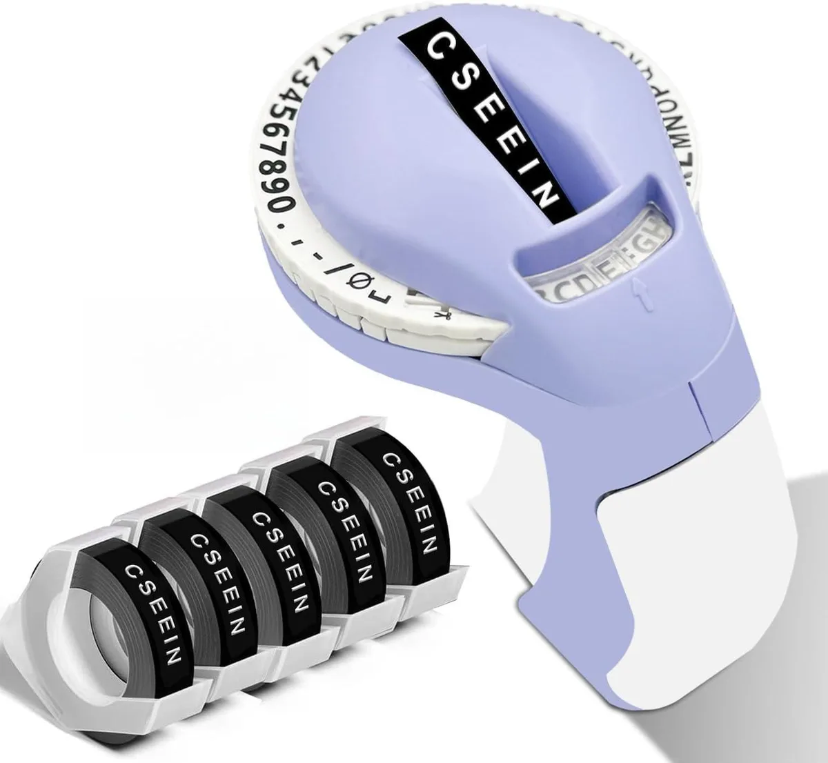 Purple handheld embossed label maker with USB port and five tape rolls