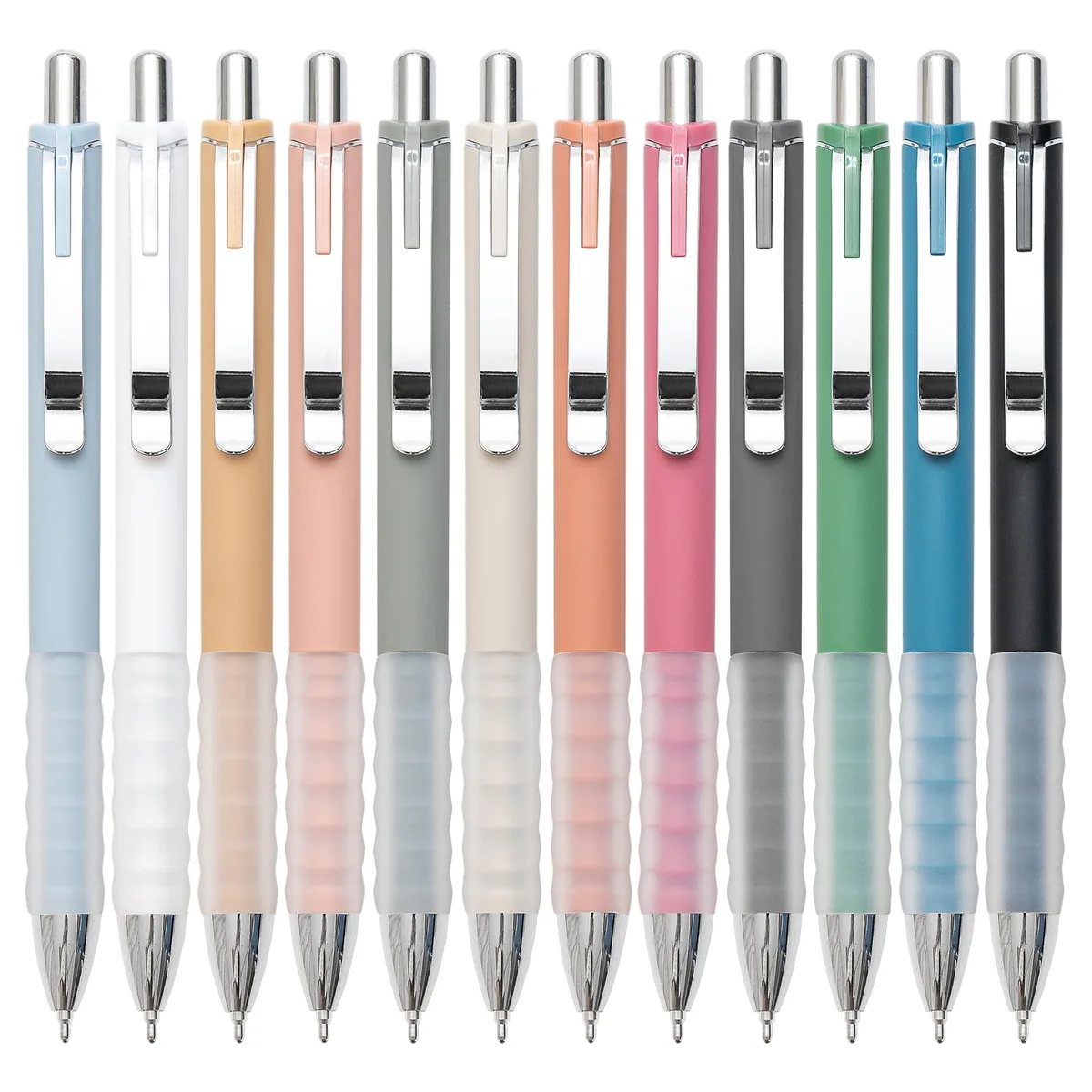 Twelve blue retractable pens with leather finish in a pack
