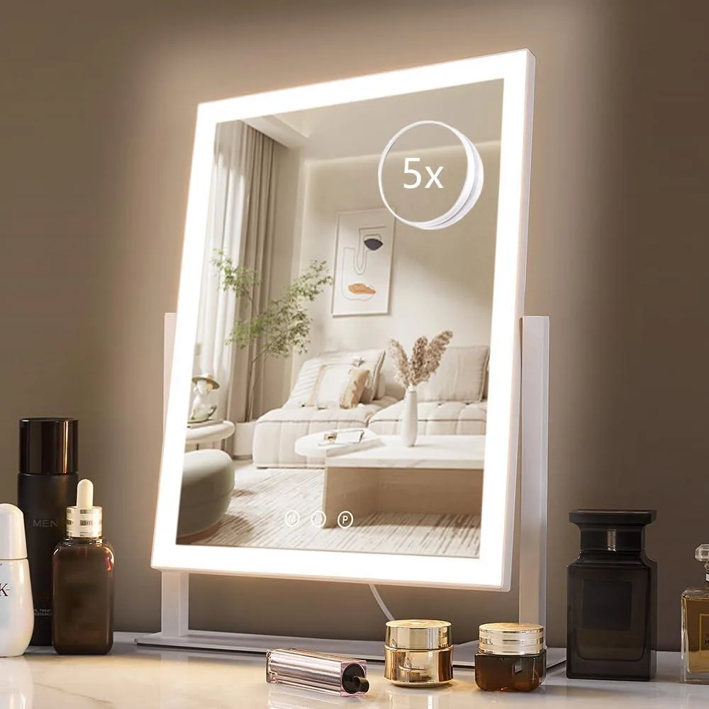 White rectangular vanity mirror 17.3 by 13 inches with 96 LEDs and 360 rotation