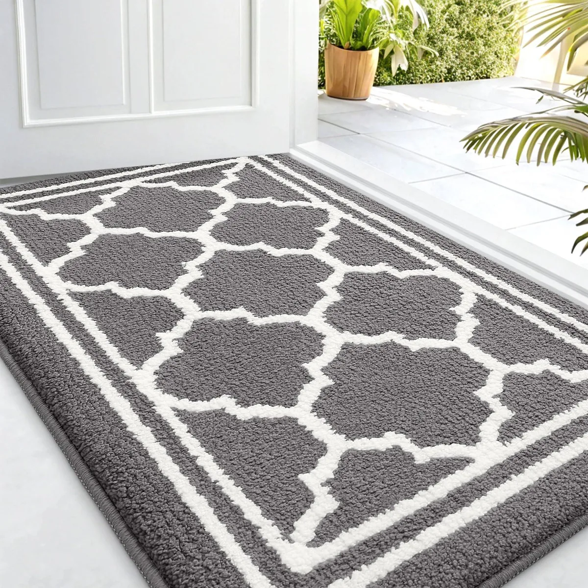 Grey striped bamboo doormat, low-profile rectangle with non-slip backing