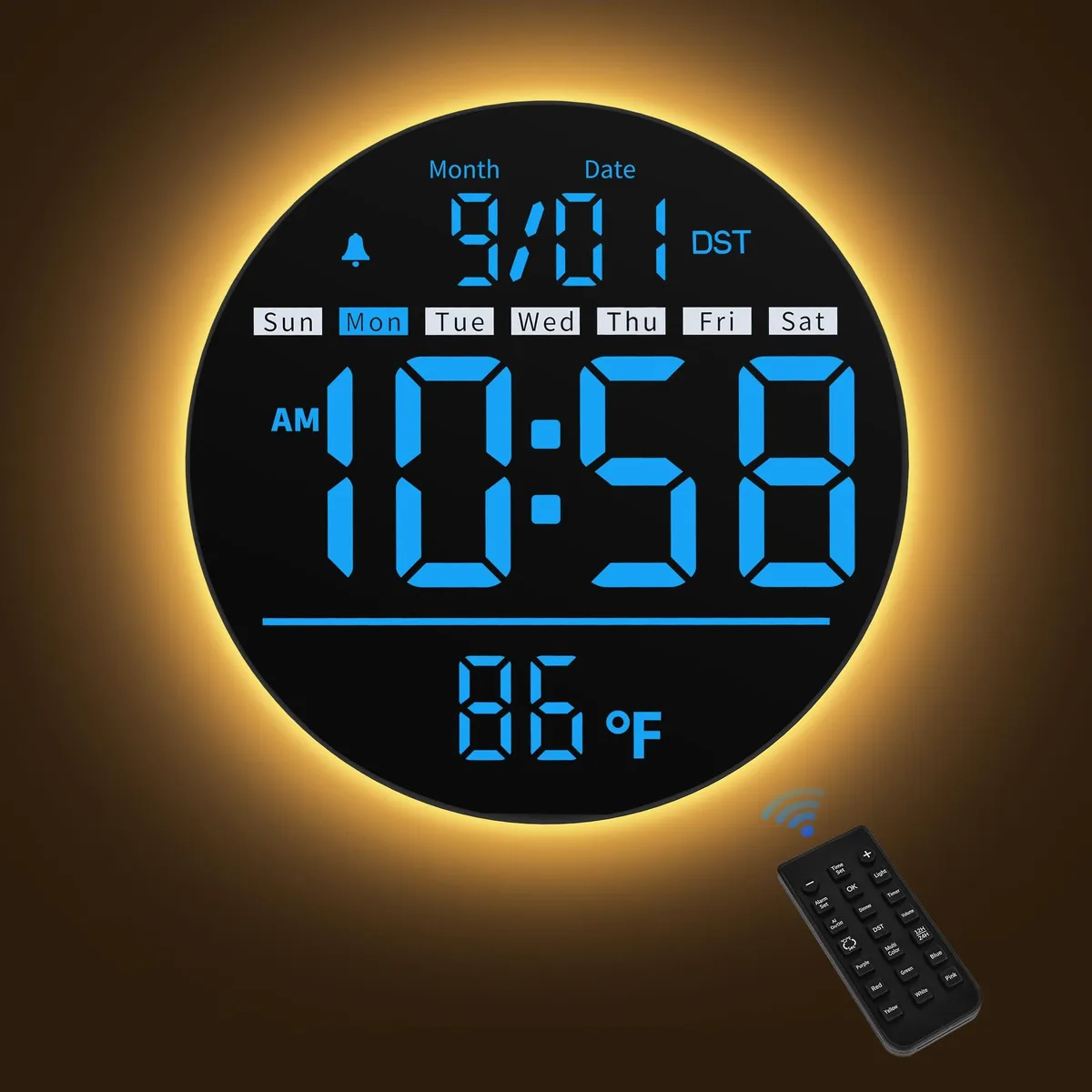 Blue rectangular digital wall clock with LED display and remote control