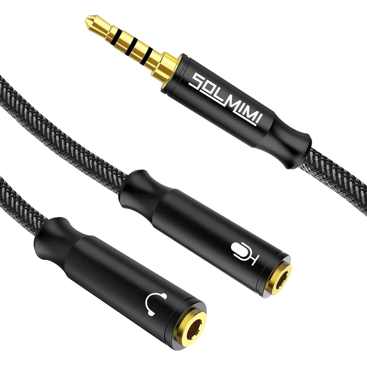 Matte-black 3.5 mm TRRS splitter with braided 10 inch cable and two female ports
