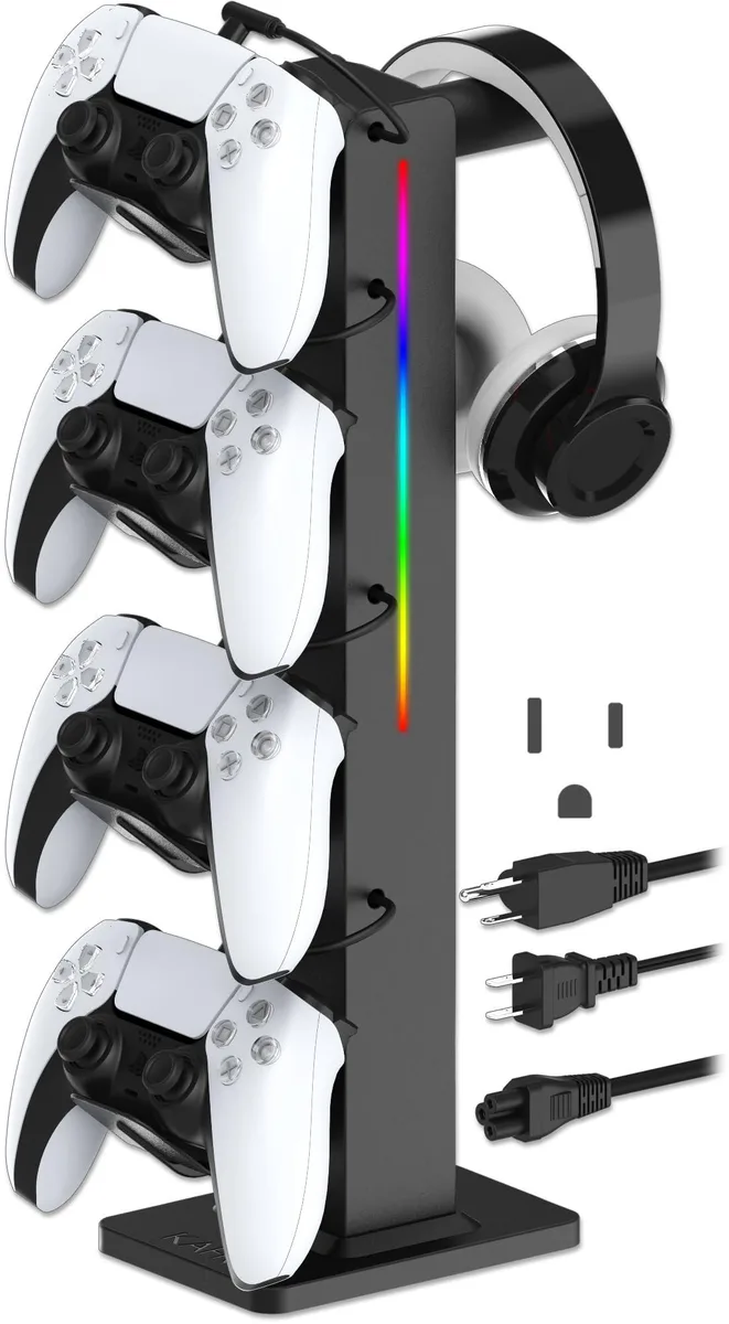  KAFRI H50-NEW RGB Headphone Stand with Controller Holder, 2 AC &amp; 4 Type-C Ports, Retractable Cable (Black) — product photo