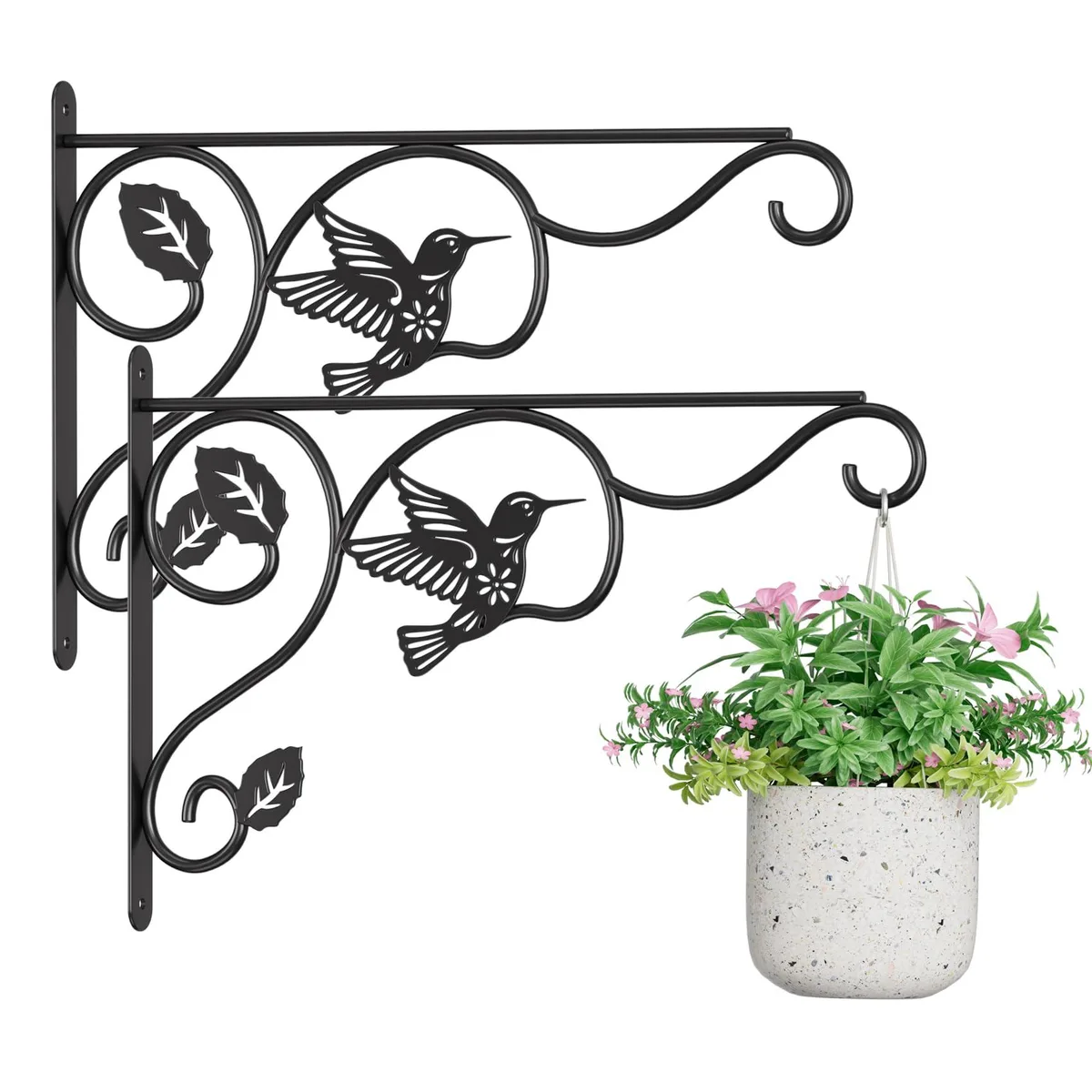 Two black iron wall hooks with 3D bird detail, 12 inch length