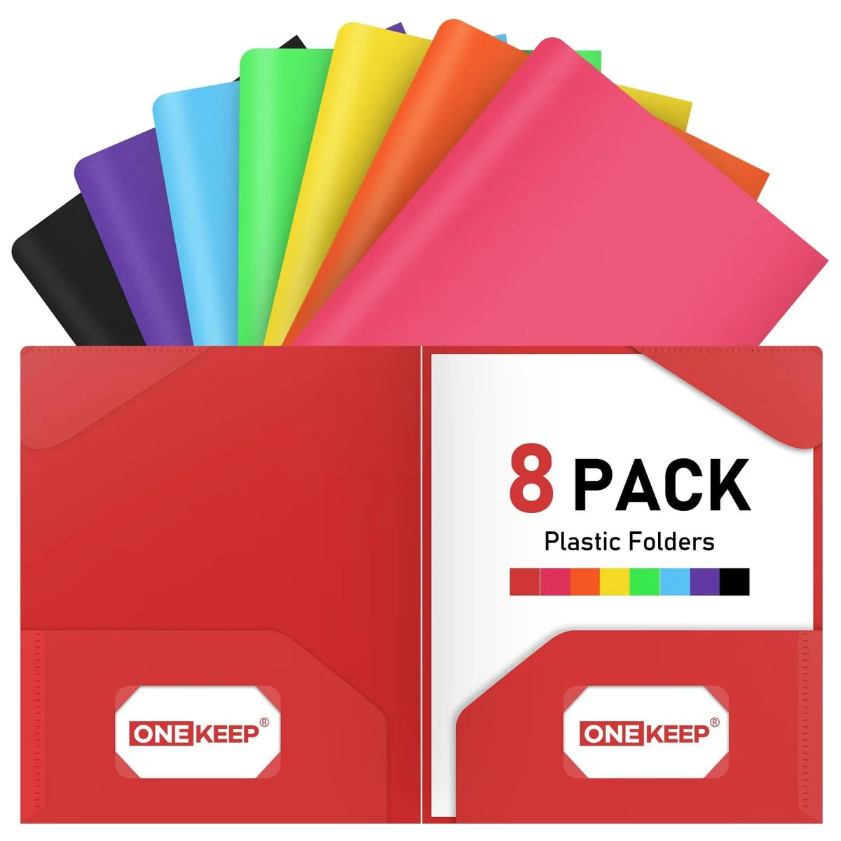  ONEKEEP WJ-A-0001-008 8 Pack Plastic File Folders Letter Size 8.5 x 11 inch 2 Pocket Rainbow — product photo