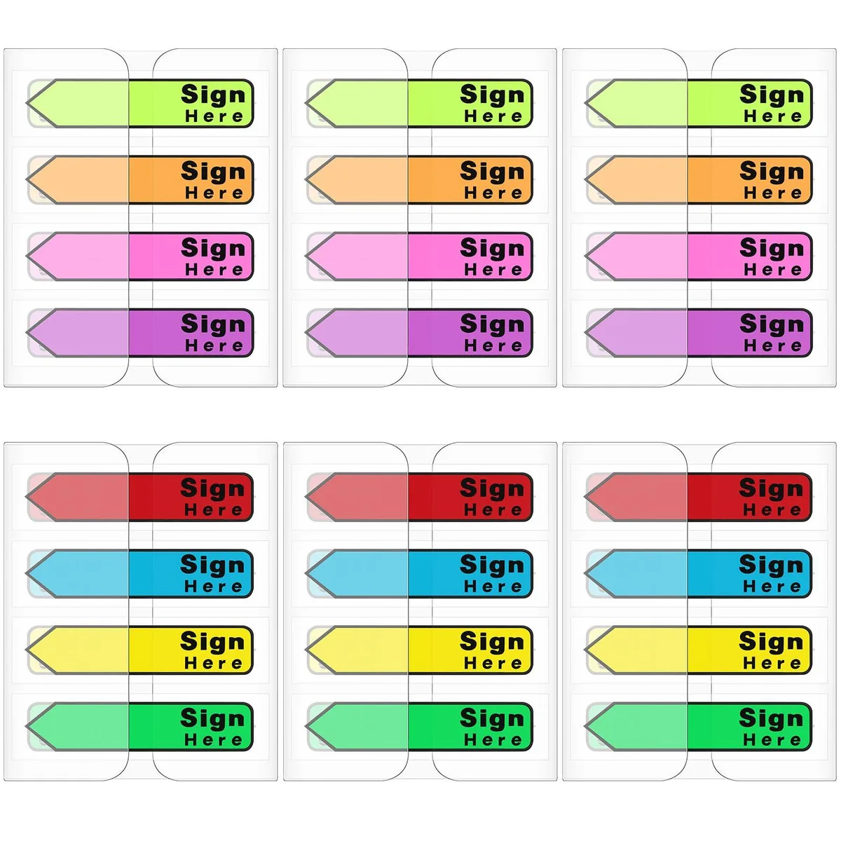 Six packs of neon arrow flags in a dispenser, 600 sheets total