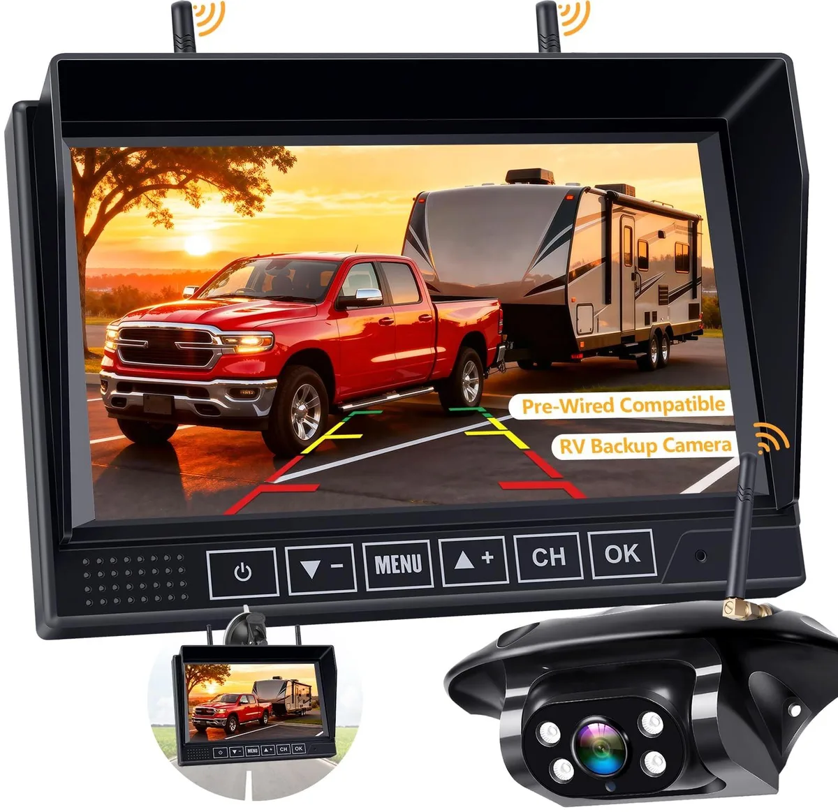 Bipra Bipra RV Wireless Backup Camera Kit 1080P 4-Channel 2.4GHz 320ft 825ft 2 in 1 accessory — product photo