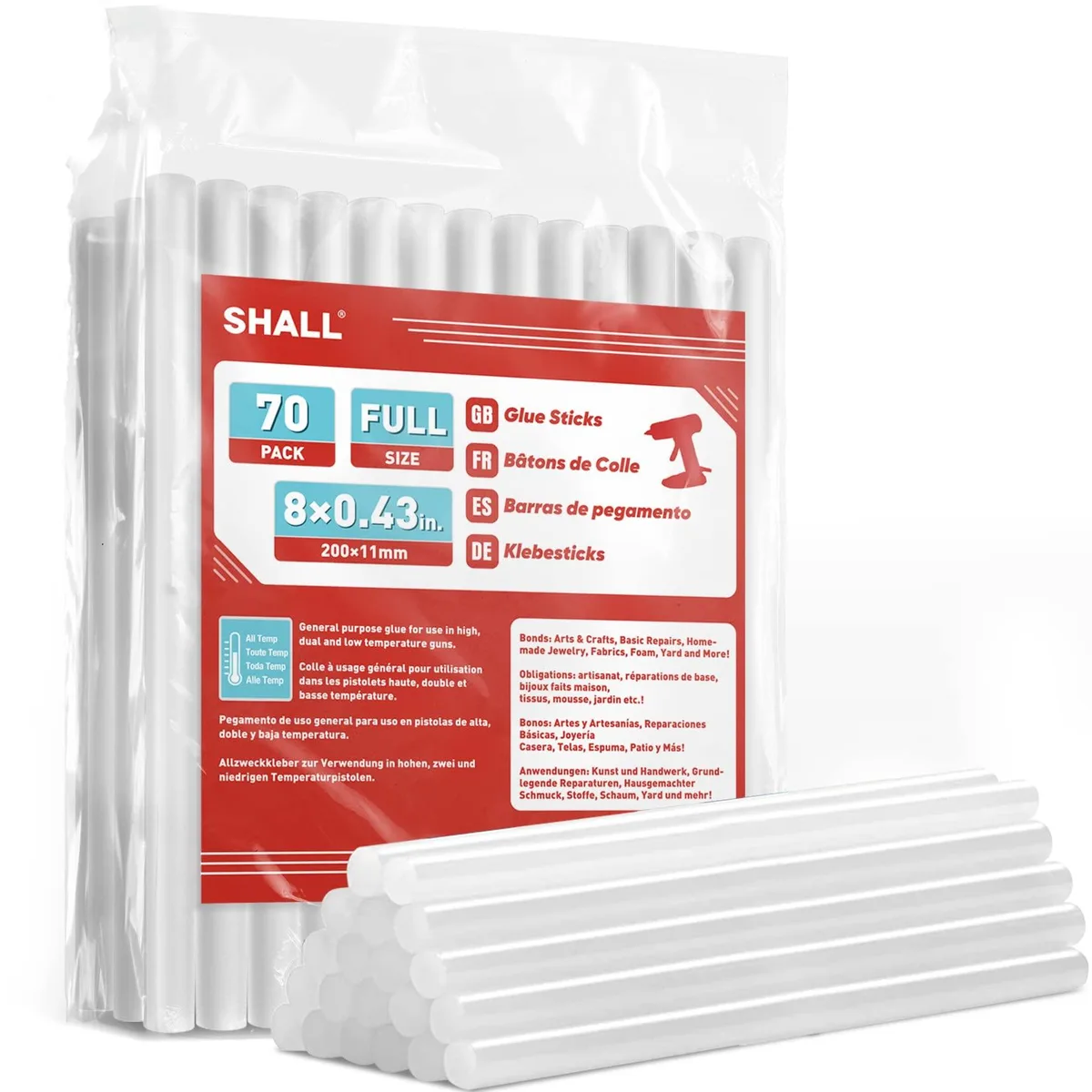  SHALL SH124004AE Hot Melt Glue Sticks 0.43" x 8" 70 Pack Clear — product photo
