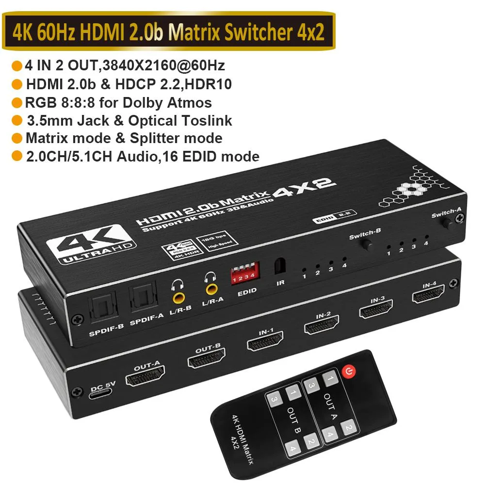 ESTONE ESTONE OZJ1 4x2 HDMI Matrix Switch with Audio 4K 60Hz — product photo
