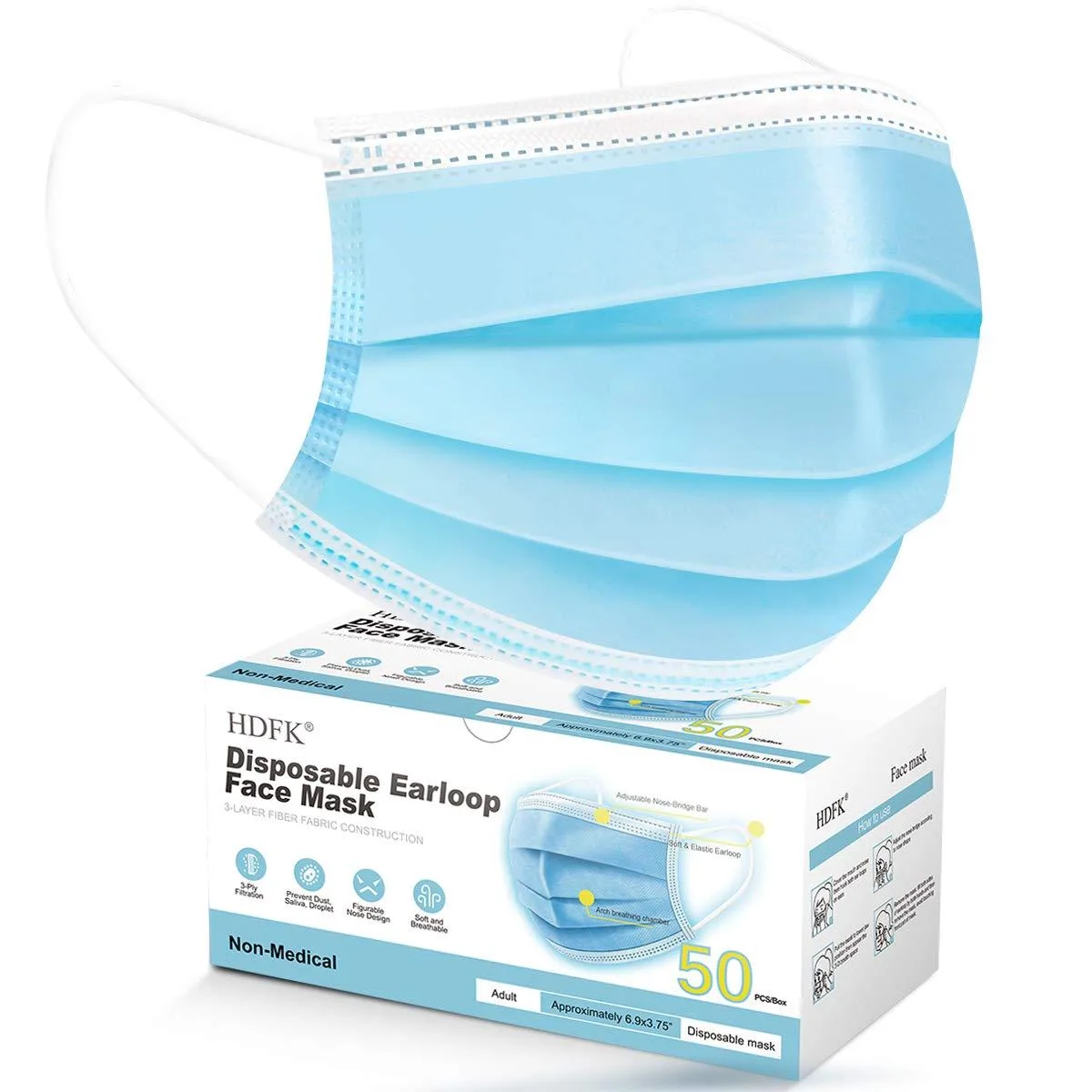  HDFK 3Ply Disposable Face Mask Blue 50 Pack — product photo