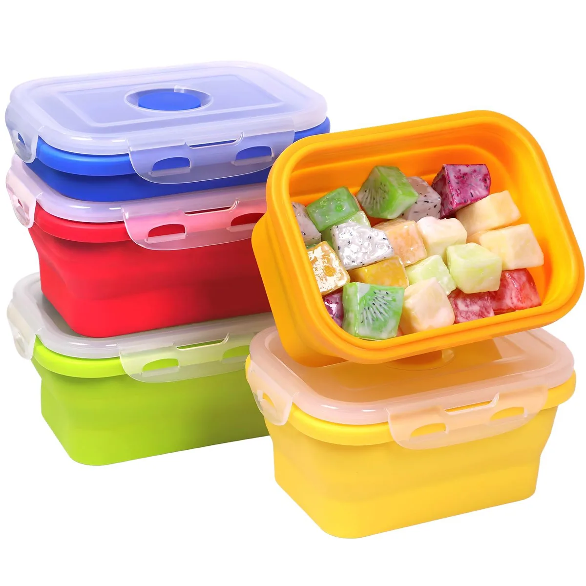 Five collapsible red silicone food containers with lids, folded flat