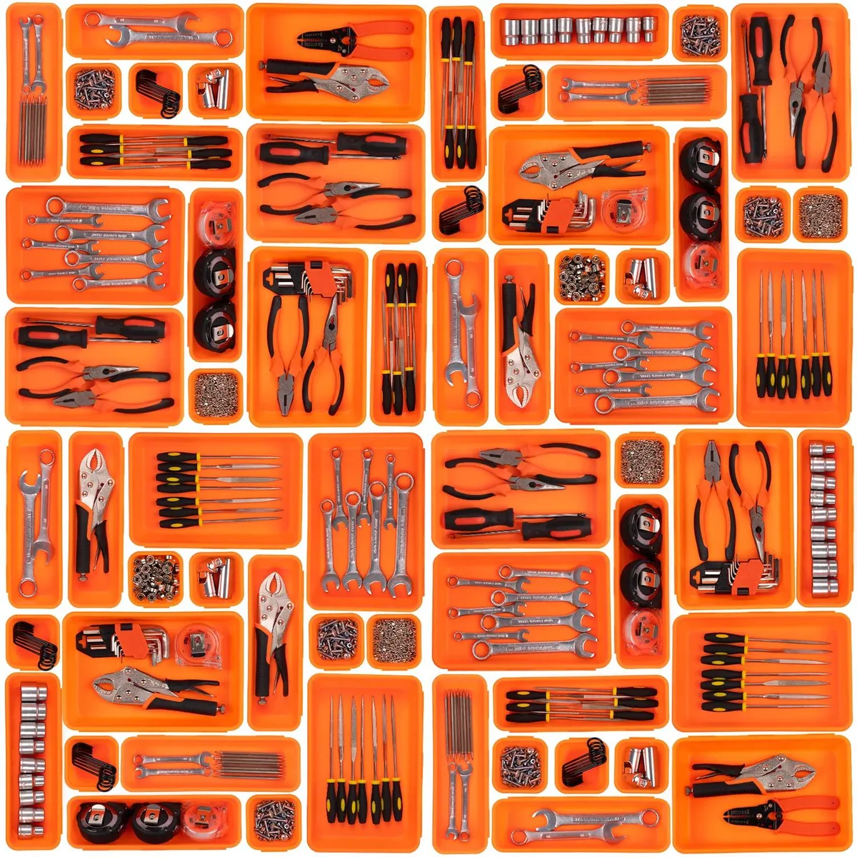 Forty-five orange plastic tool trays in three interlocking sizes