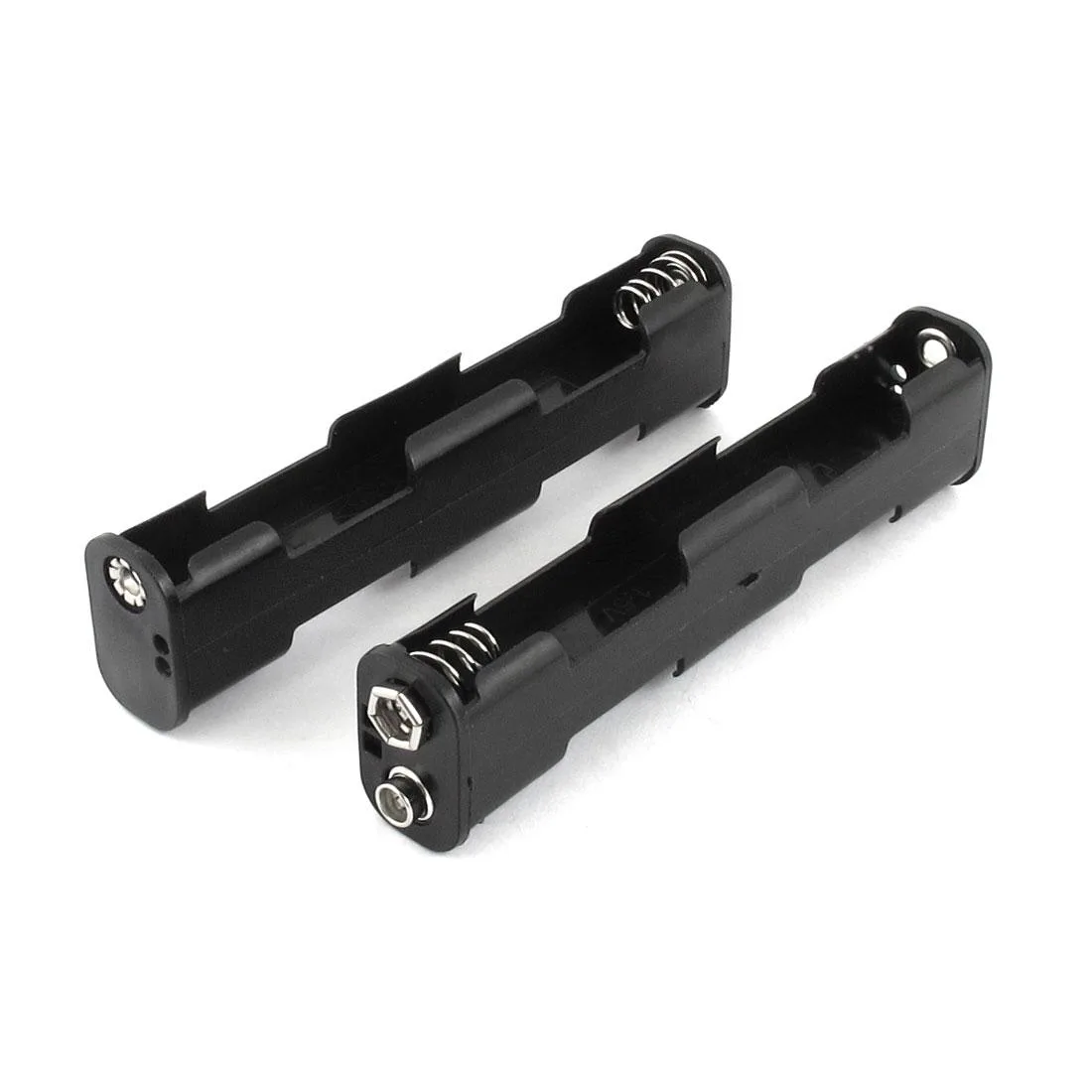 Black plastic double-sided AA battery holder box, holds four cells, 11 x 2.5 x 1.8 cm, two pieces