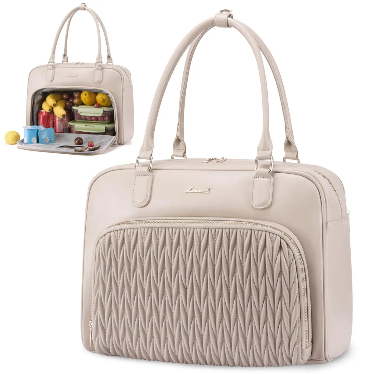 Medium quilted tote bag with wheat-ear pattern, insulated lunch compartment and separate laptop section, PU leather finish