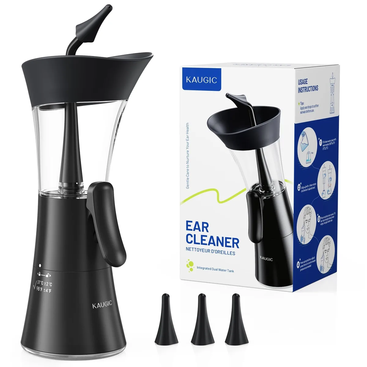 Dark black handheld ear care kit with integrated water tanks, 9.2 by 10.3 by 17.9 inches