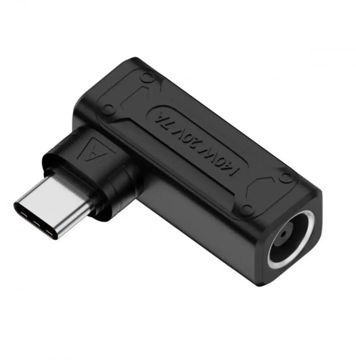 Black 90-degree adapter with 7.9x5.4mm DC plug and USB-C port